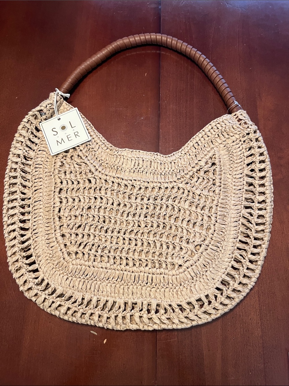 Sol and Met Beige Crochet Shoulder Bag with Brown Handle